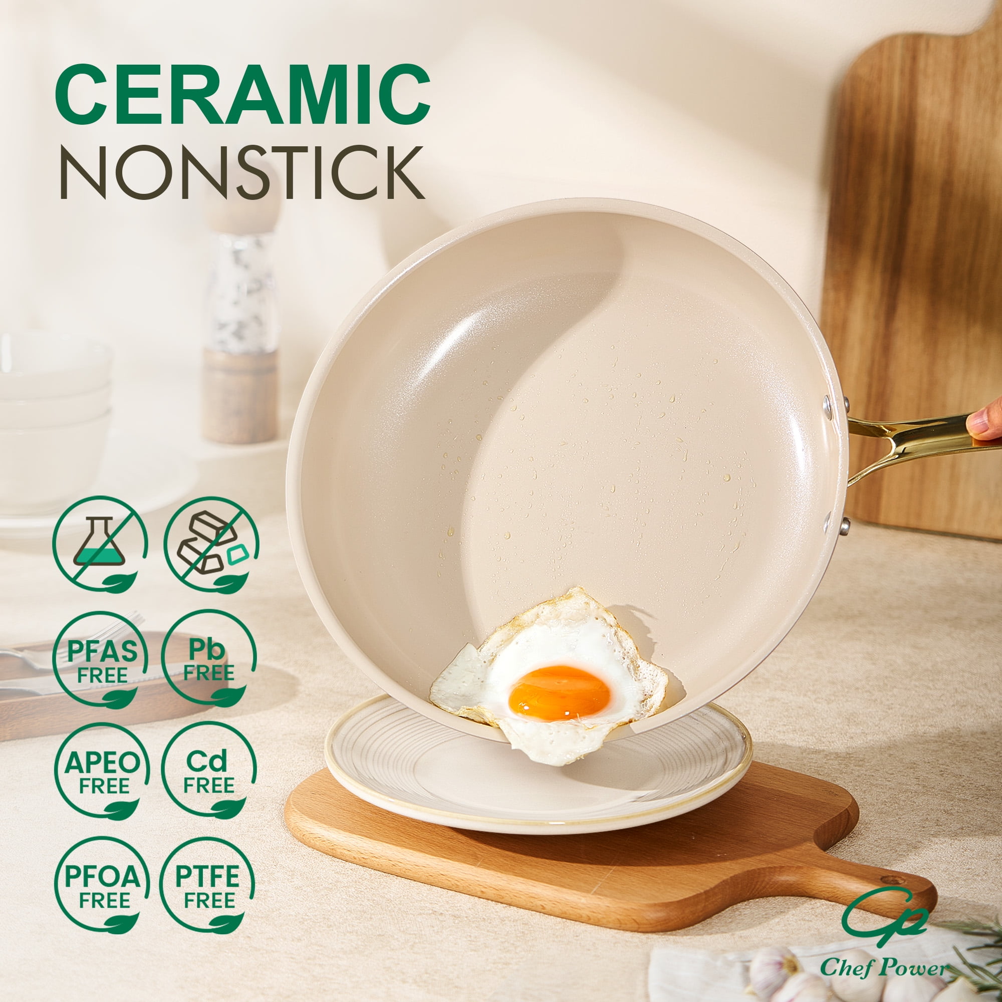 Chef Power Ceramic Cookware Sets, 10Pcs Pots and Pans Set Non Stick, Cookware Set with Stainless Steel Handle, Dishwasher & Oven Safe,  Taupe with Light Gold Handle
