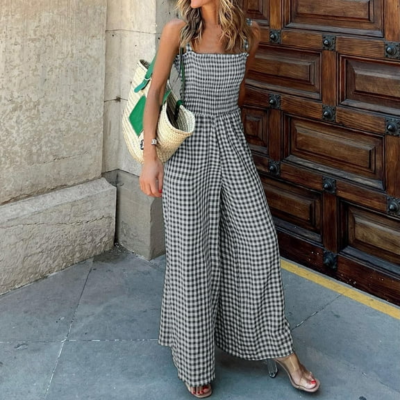 Aayomet Womens Jumpsuits Dressy Women's Casual Plaid High Waisted Pants Suspender Jumpsuits Overalls,Black XL