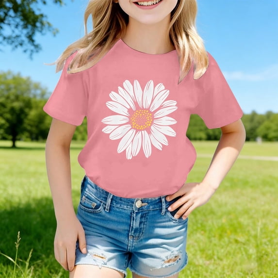 Gyujnb Daisy Print Cold Shoulder Round Neck Short Sleeves Casual T Shirt (Little Girls, Big Girls),12-13 Years