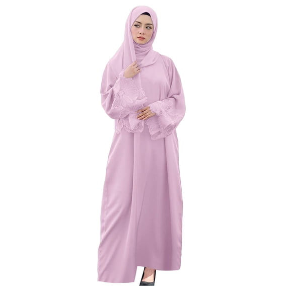 Elegant Women's Long Sleeve Maxi Dress with Delicate Lace Trim and Matching Headscarf