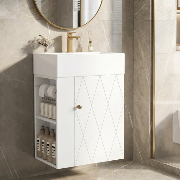 20" Bathroom Vanity with Ceramic Sink, Modern Vanity Cabinet with Side Storage Shelves and Towel Bar, Design for Small Space, White