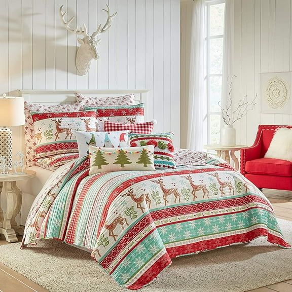 Levtex Home - Let It Snow Quilt Set - King Quilt Two King Pillow Shams - Christmas Fun in Red, Turquoise, Green, White - Quilt Size (106x92in.) and Pillow Sham Size (36x20in. ) - Reversible