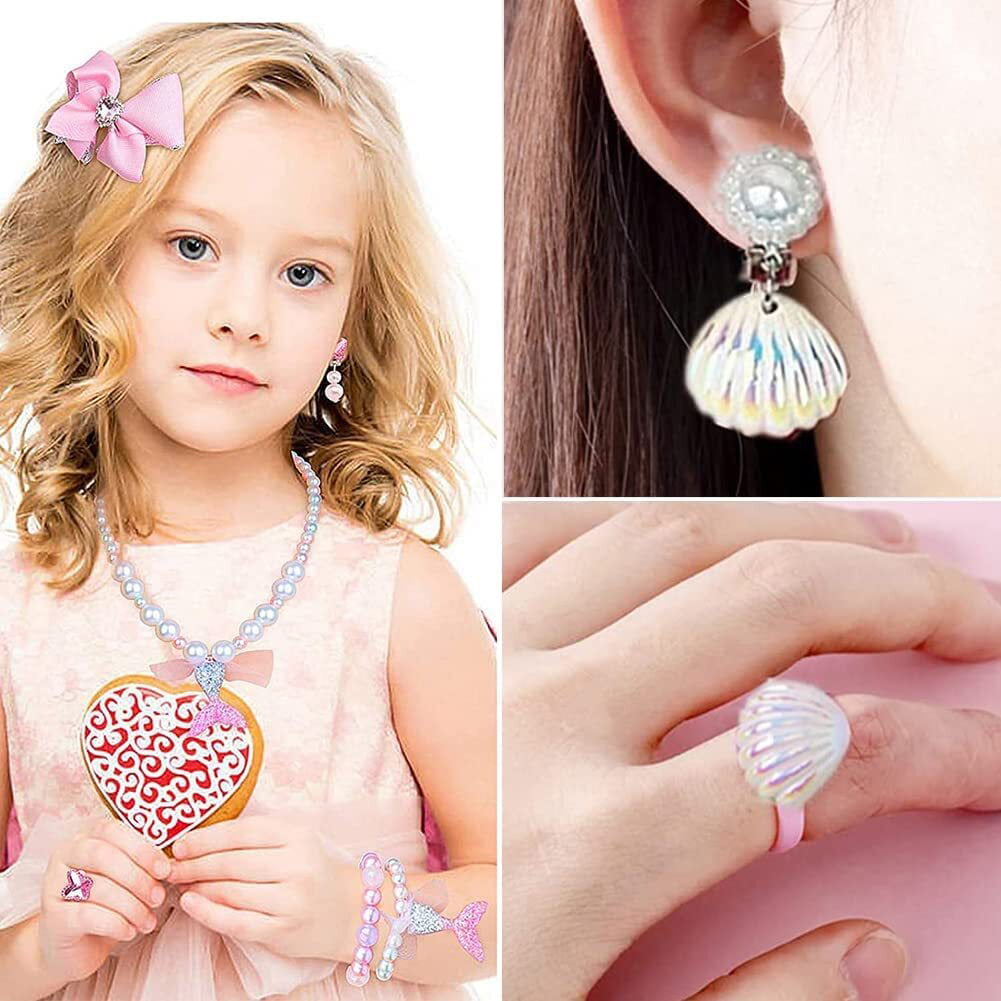 Little Girl Jewelry Set, Jewelry for Girls Kids Dress Up, 7Pcs Jewelry Toys  Play, Necklaces, Bracelet, Rings, Earrings, Hair Clips and Mermaid
