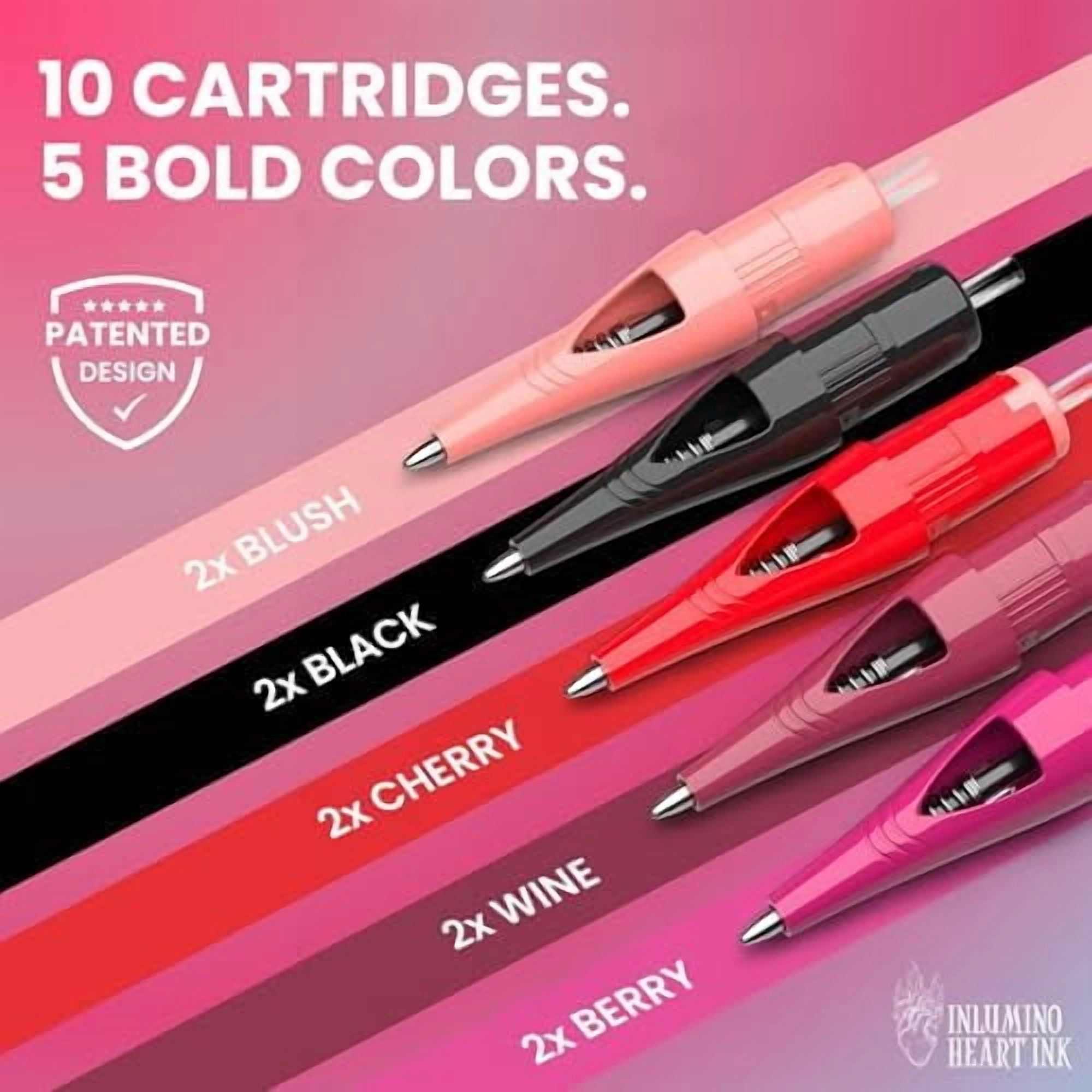 PMU Practice Cartridges – 10-Pack Ballpoint Pen Refills for Tattoo Training on Paper – Patented Design – 5 Colors – Compatible with Rotary PMU Pens & Dot Machines