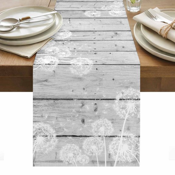 White Dandelion Table Runner - 48 Inch Long, Kitchen Dining Table Runner Dresser Scarves, Spring Flowers Plants Vintage Gray Wood Farmhouse Decor for Coffee Tables Wedding Party Banquet