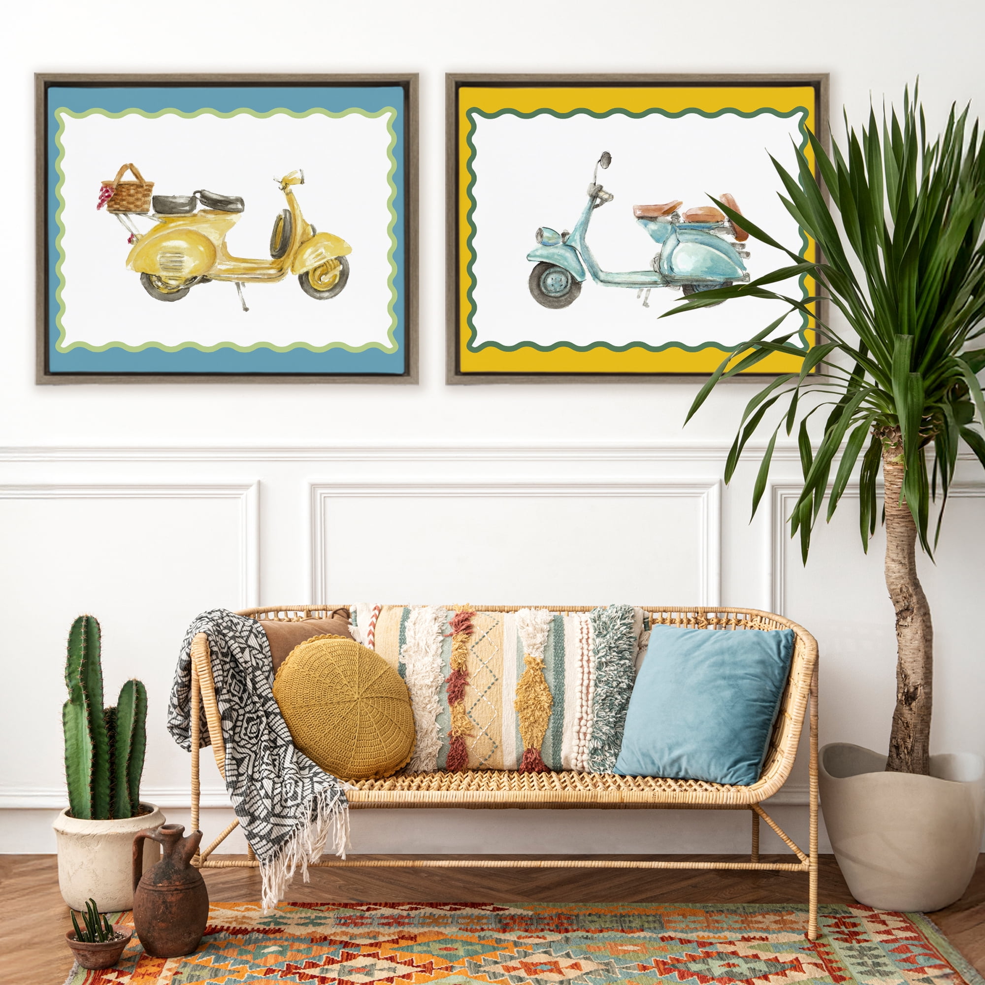 Stupell Industries Wavy Bordered Scooters 2 Piece Brown Framed Floater Canvas Set, design by Lanie Loreth