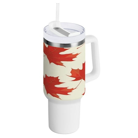 

40 Oz Car Handle Water Bottle 10.8x3.85 Inch Handle And Straw Travel Water Bottle Reusable Stainless Steel Water Bottle Red Maple Leaf