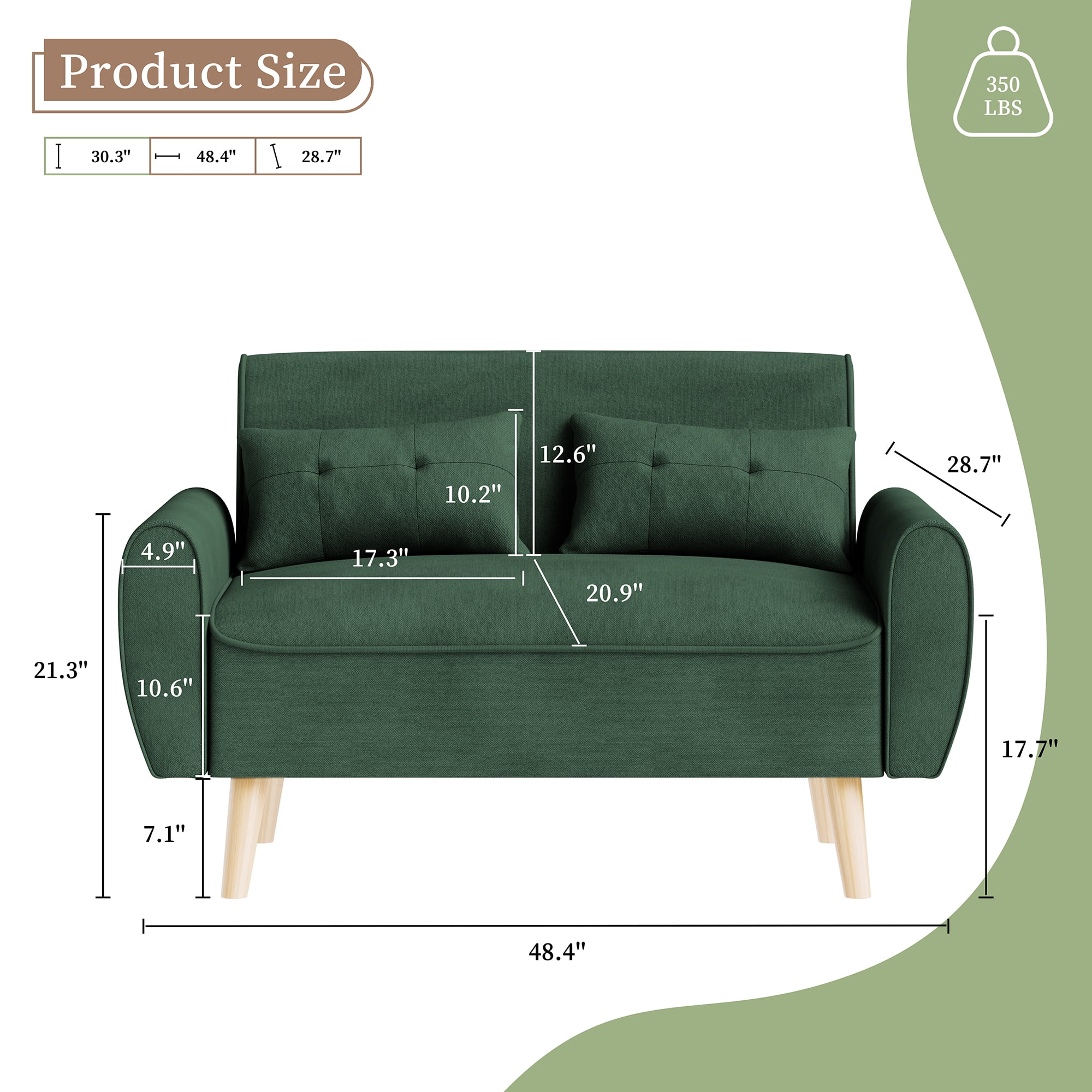 Sobaniilo 47" Small Modern Loveseat Sofa, Mid Century Linen Fabric 2-Seat Sofa Couch Tufted Love Seat with Back Cushions and Tapered Wood Legs for Living Room, Bedroom and Small Space (Green)