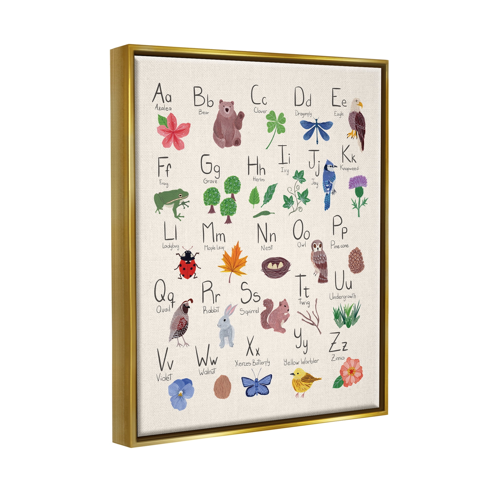 Stupell Industries Animal Alphabet on Beige Landscape Painting Gold Floater Framed Canvas Art Print Wall Art, 17 x 21