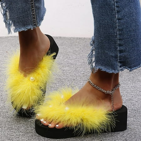 

Women s Fashion Furry Pearls Flip-Flops Slippers Wedge Casual Flip-Flops