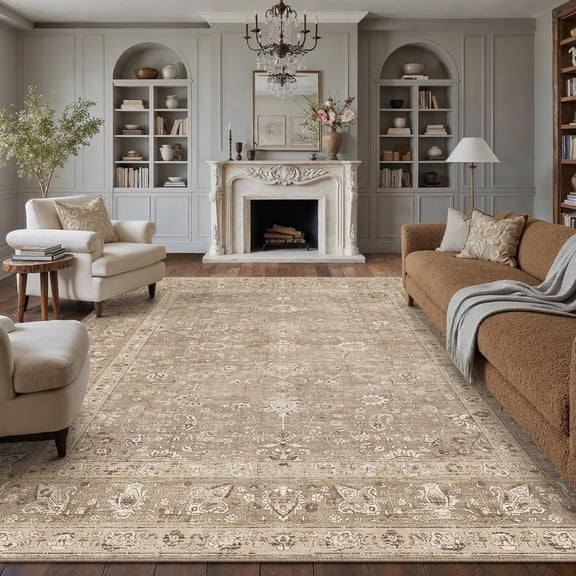 BERTHMEER 8'x10' Area Rugs for Living Room Dining Room Bedroom Farmhouse Office Distressed Vintage Washable Traditional Non Slip Rugs Carpets, Brown
