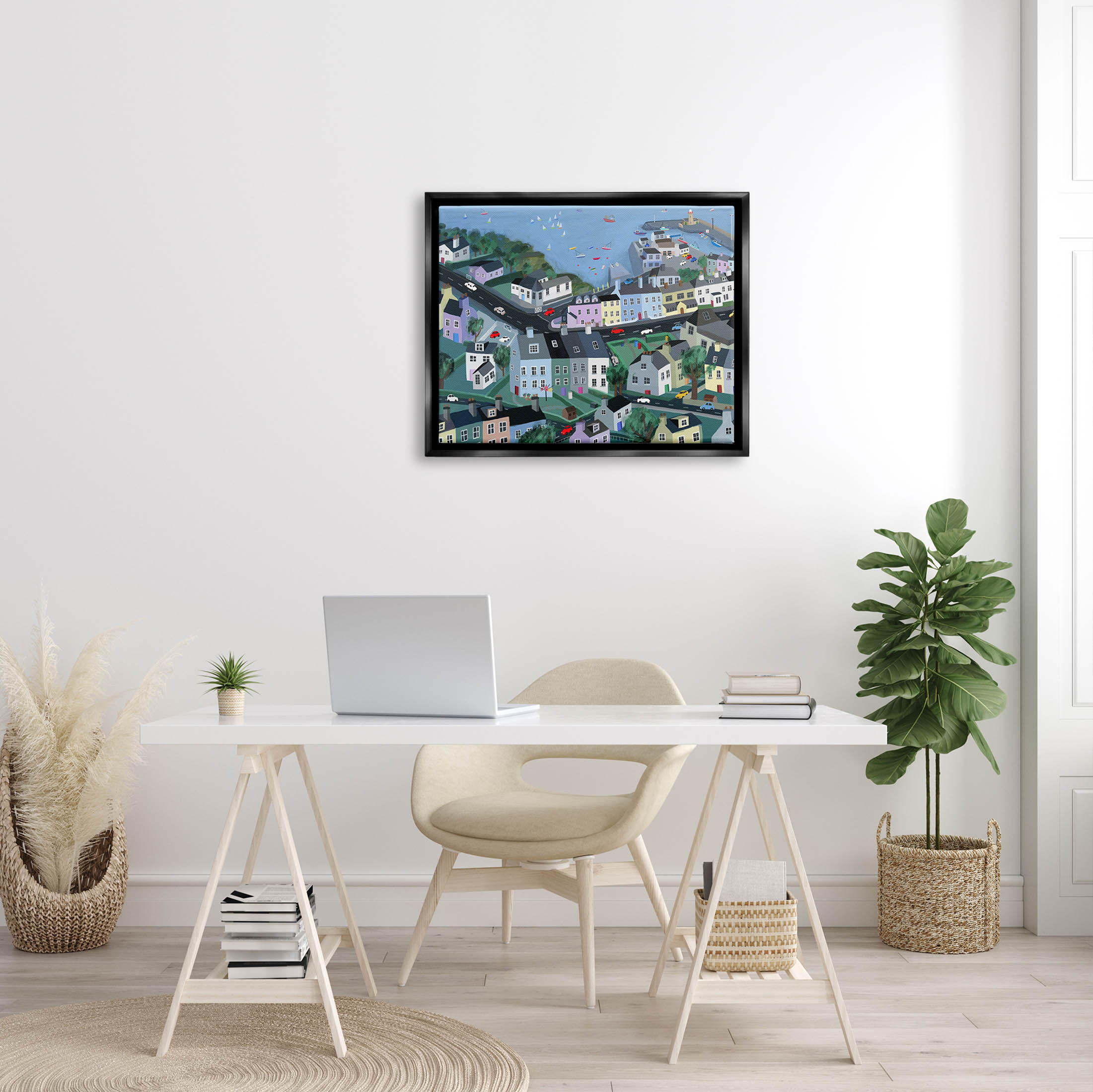 Stupell Industries Port Town Neighborhood Houses Graphic Art Jet Black Floating Framed Canvas Print Wall Art, Design by Carla Daly