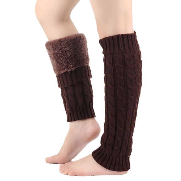 TELOLY Fleece Lined Leg-Warmers for Women Casual Thermal Warm Knee-High Solid Cable Knitted Thick Winter Footless Socks Brown Leg Warmers