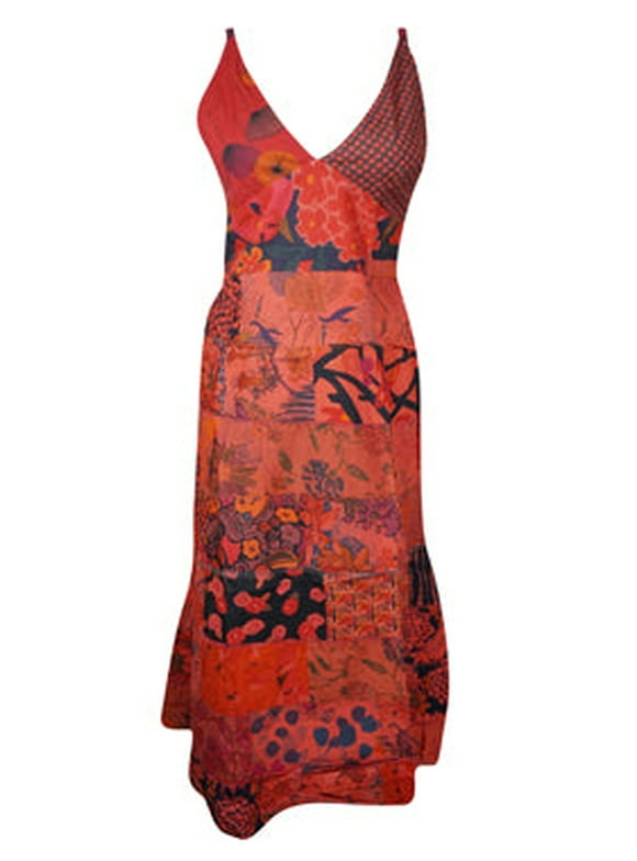 Mogul Womens Cotton Maxi Dress Red Printed Long Dresses M/L