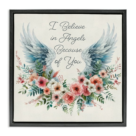 Stupell Industries Floral Believe In Angels Plants & Flowers Painting Black Floater Framed Canvas Art Print Wall Art, 18 x 18