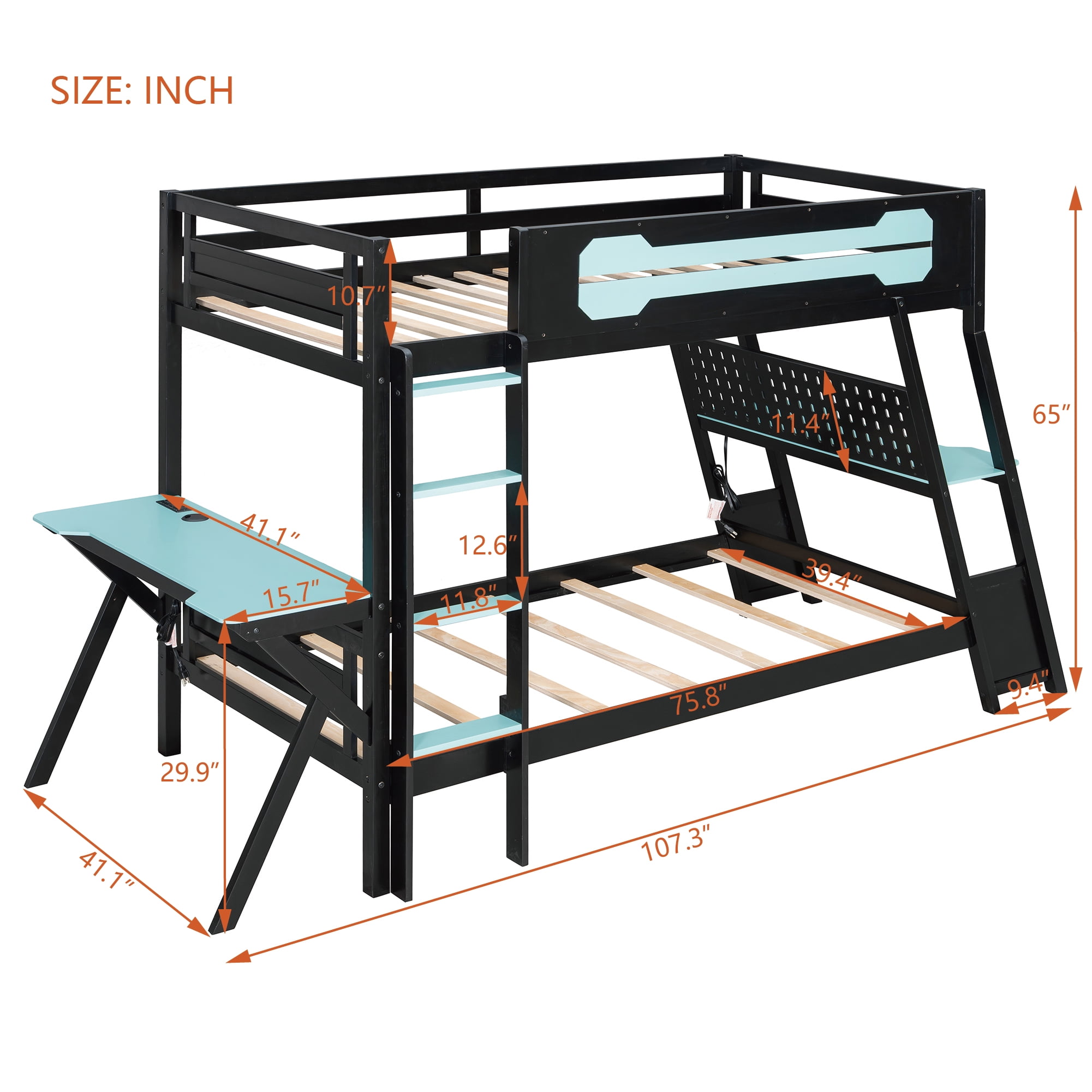 Aukfa Twin over Twin Bunk Bed with Built-In Desks, USB Charging Ports & Pegboard Organizer, Wood E-Sports Gaming Bed Frame for Kids/Teens, Blue
