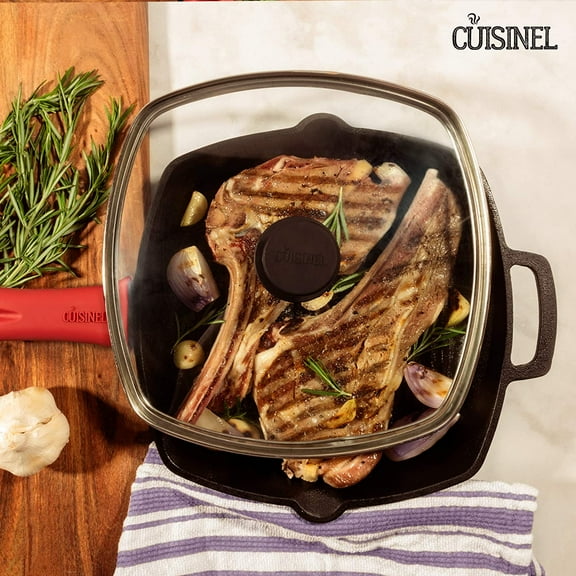 Cast Iron Square Grill Pan with Glass Lid - Pre-Seasoned Skillet for Grilling, Frying, Sauteing