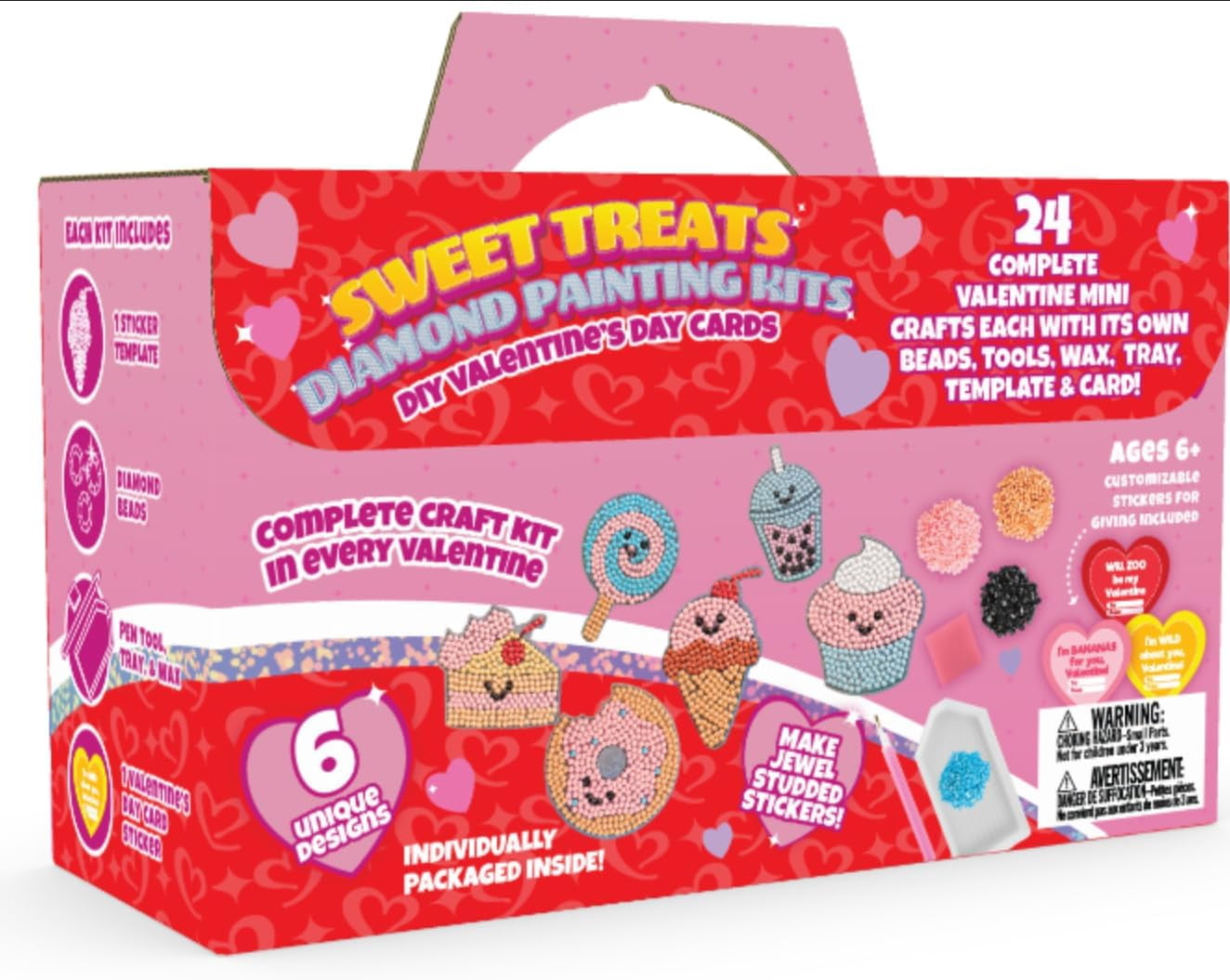Valentines Day Cards for Kids Classroom -Sweet Treats Diamond Painting Kits (24ct)-Perfect Valentines Day Gifts for Kids School Exchange w Boys & Girls- Includes Sweet Gem Craft Activity & Sticker