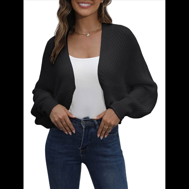 Suéteres para Mujer, Cárdigan Corto Abierto, Suéter de Larga de Punto con Estampado de Murciélago, Top Tipo Encogimiento de Hombros. Negro S