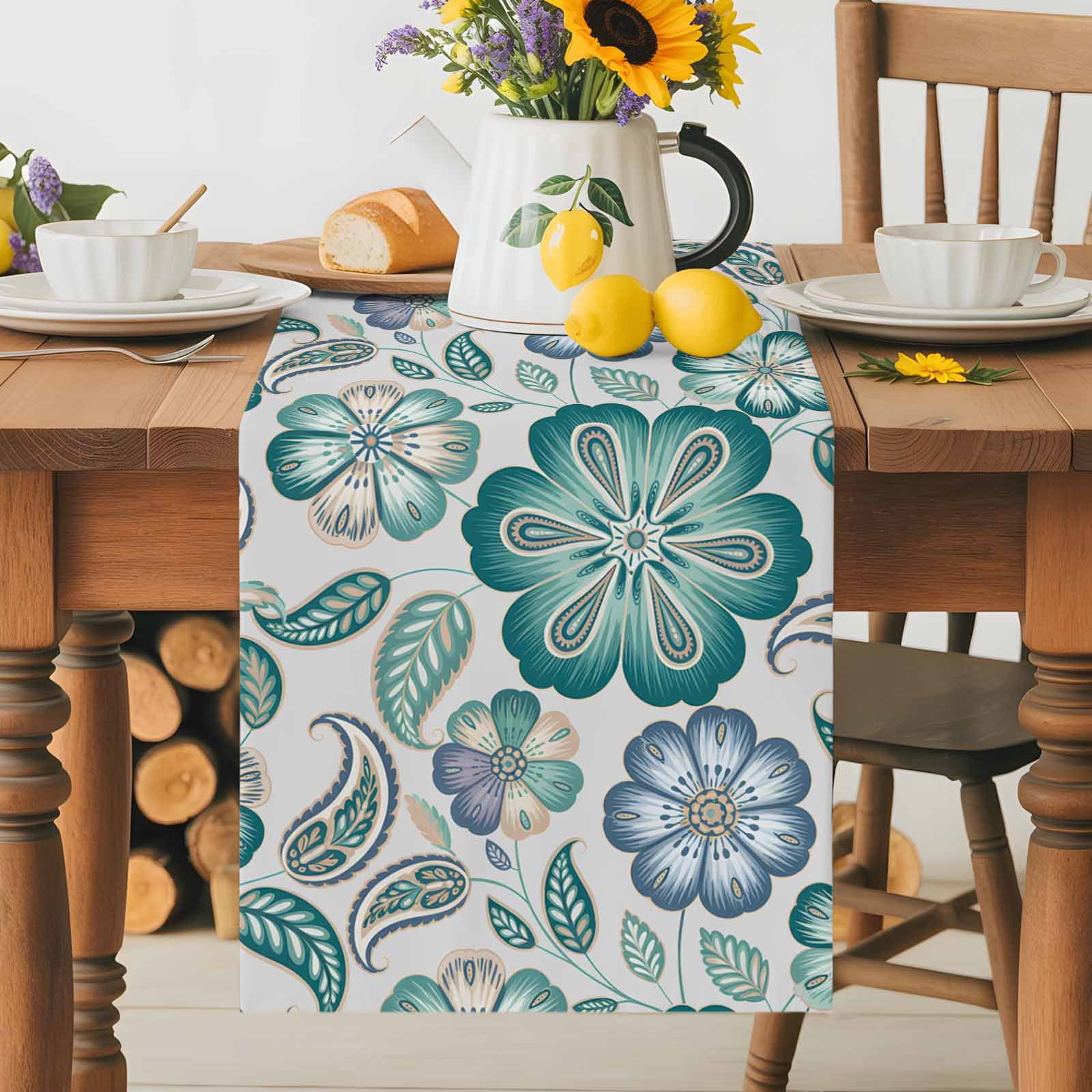 Abstract Ombre Ethnic Flower Table Runner 90 Inches Long, Traditional Blossom Floral Table Runners Tabletop Scarf Kitchen Dining Tables Decoration for Home Party Indoor Outdoor