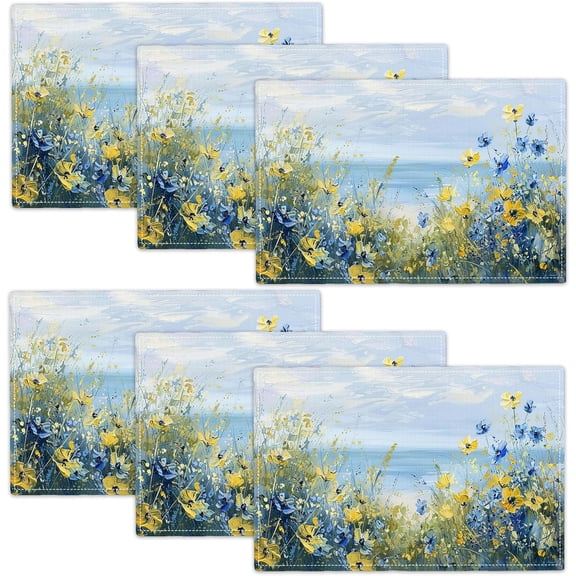 Beach Flower Summer Placemats Set of 6, 12x18 Inch Spring Floral Table Place Mat Coastal Washable Non-Slip Heat Resistant Fabric Placement Mats for Dining Kitchen Indoor Outdoor Decor