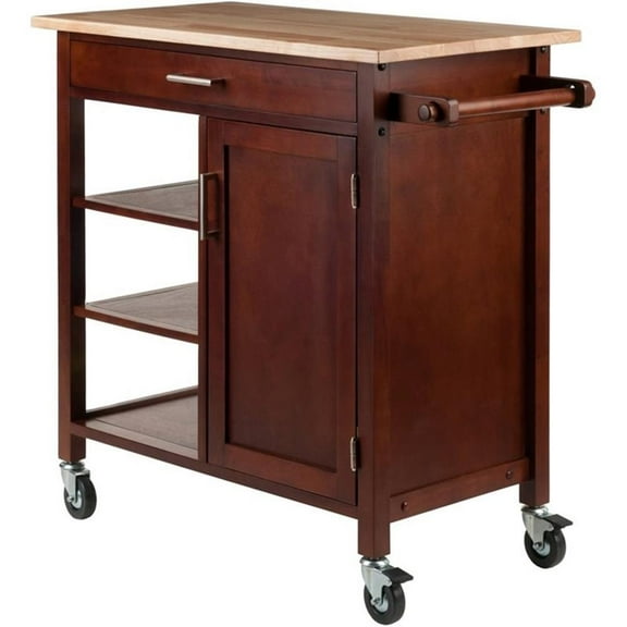 Pemberly Row 34.61"H Transitional Solid Wood Kitchen Cart in Walnut/Natural