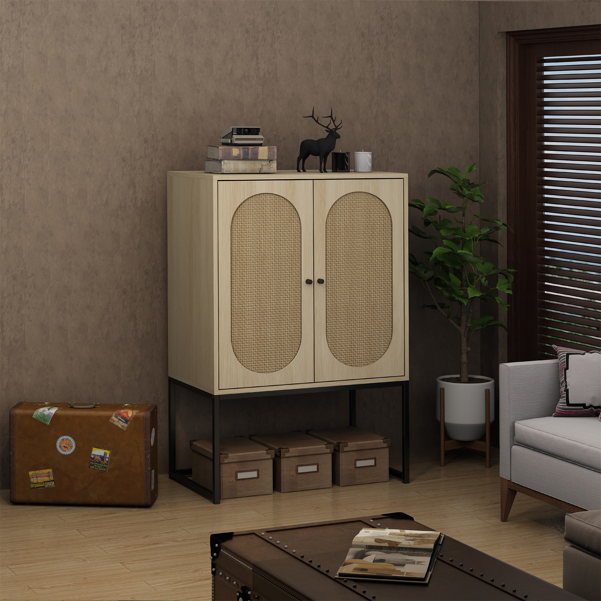 High with 2 Curved Rattan Doors, Free Standing Storage