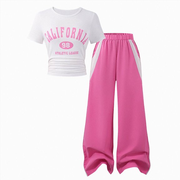 Toddler Girl Outfits Summer Clothes Set California Print Short Sleeve Top and Color Block Wide Leg Pants Set Kids School Fashion Suit 7-8 Years