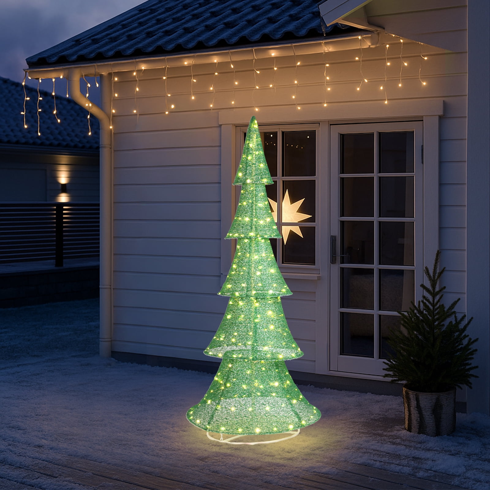 Astoutdoor Lighted Christmas Tree, 6 ft Pre-Lit Pull-Up Tree with 200 Warm White LED Lights, White, Indoor Outdoor Holiday Decoration