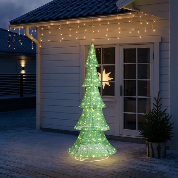KAAYEE 6ft Christmas Tree Decorations,Lighted Christmas Tree Foldable Outdoor Holiday Decorations with 200 LED Lights and Metal Stakes for Yard Garden Lawn,Green