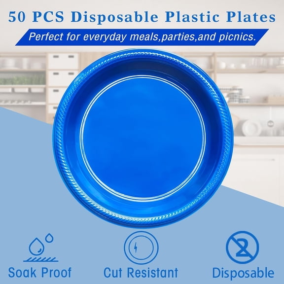 RYJUYJ-50 Pcs Blue plates 10 Inch Plastic Plates Disposable - Blue Plastic Plates for Party Birthday Thanksgiving Party