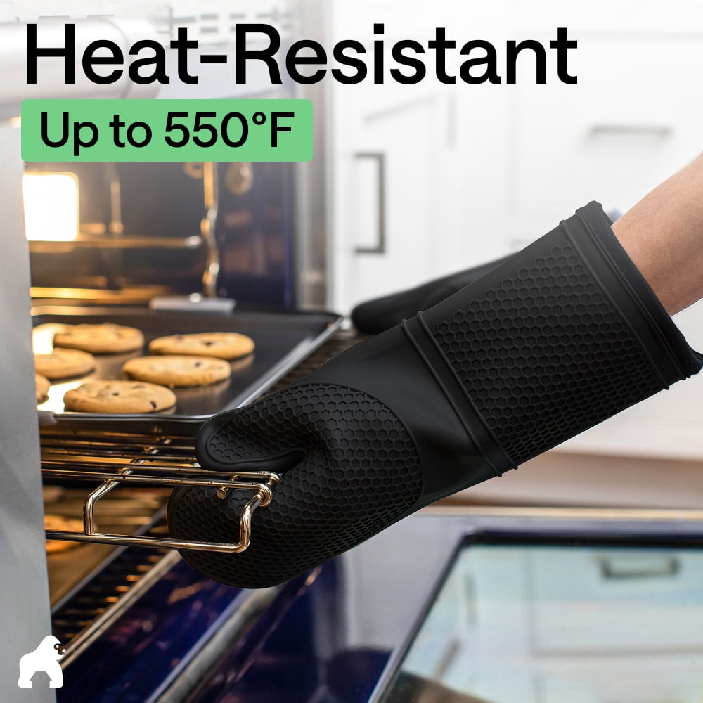 GORILLA GRIP Heat Resistant Durable Silicone Oven Mitts, BPA-Free Protective Grilling Potholders, Soft Cotton Lining, Flexible Waterproof Cooking Mitt Set, Kitchen Home Essentials, 12.5x8.3, Black