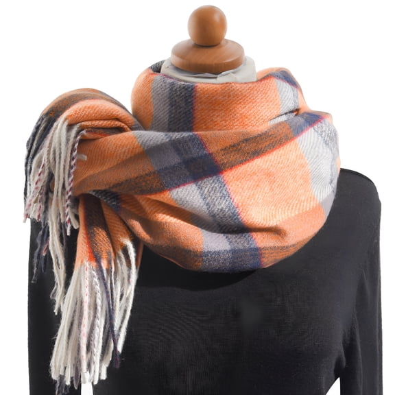 TELOLY Women'S Autumn and Winter Colorful Plaid Shawl Thickening Warm Fringe Scarf Orange