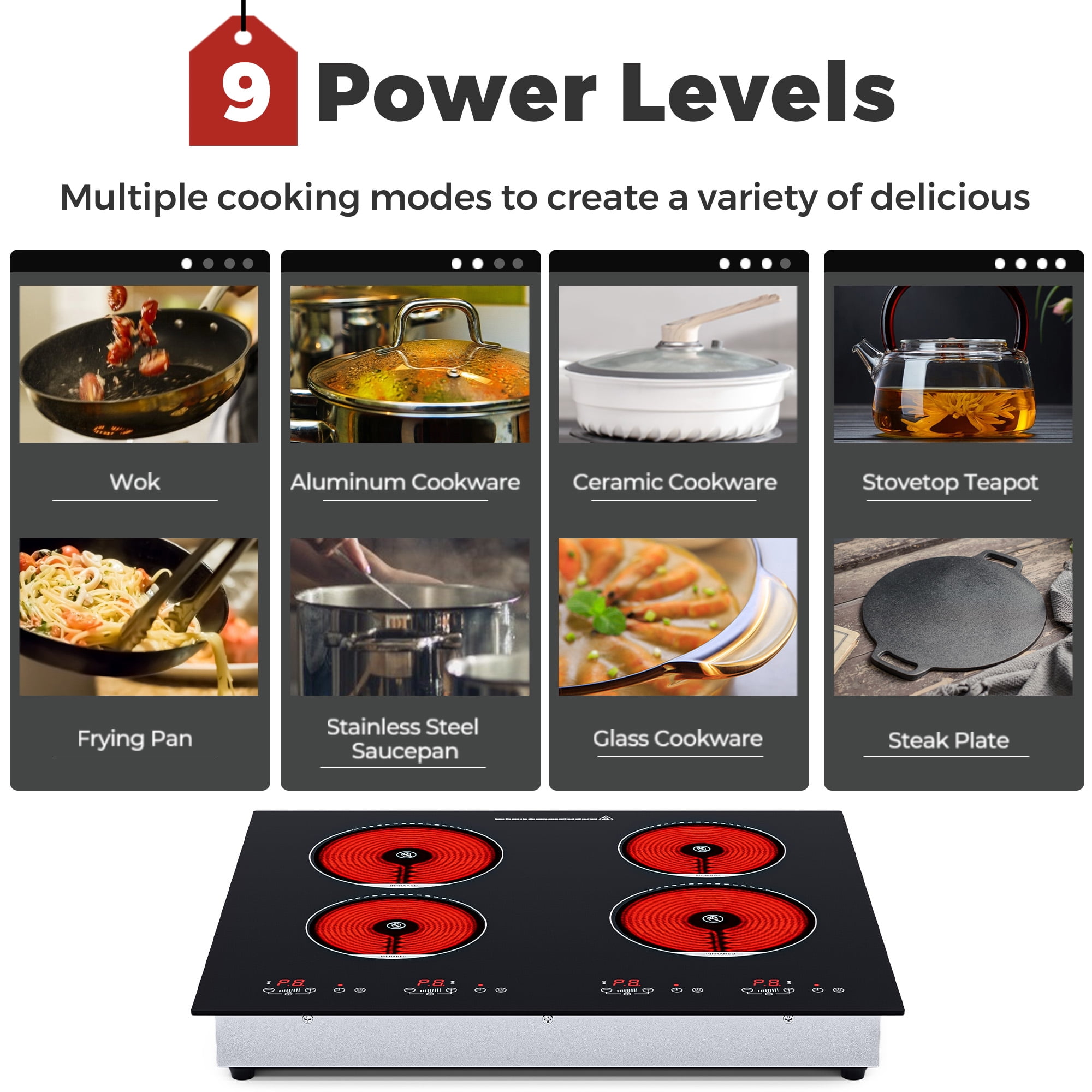 Advwin 4 Burner Electric Stove Top，24 Inch Built-in Electric Stove Top,6000W Electric Ceramic Cooktop with 4H Timer, Kid Safety Lock and Knob Control, 9 Heating Level,220v(No Plug)