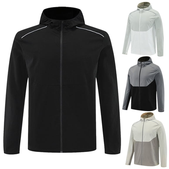 RYDCOT Men's Stripe Running Jacket with Zipper Pocket, Waterproof Windbreaker Zip up Workout Hoodie Men Athletic Gym Sweatshirts White