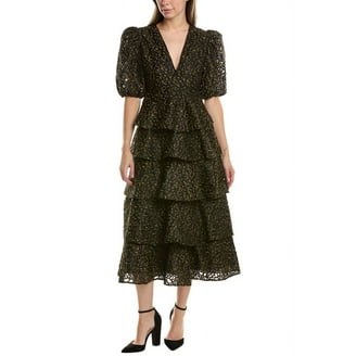 slim fit dress slacks Bell Sleeve Metallic Lace Sheath Dress in Black Gold main image 1