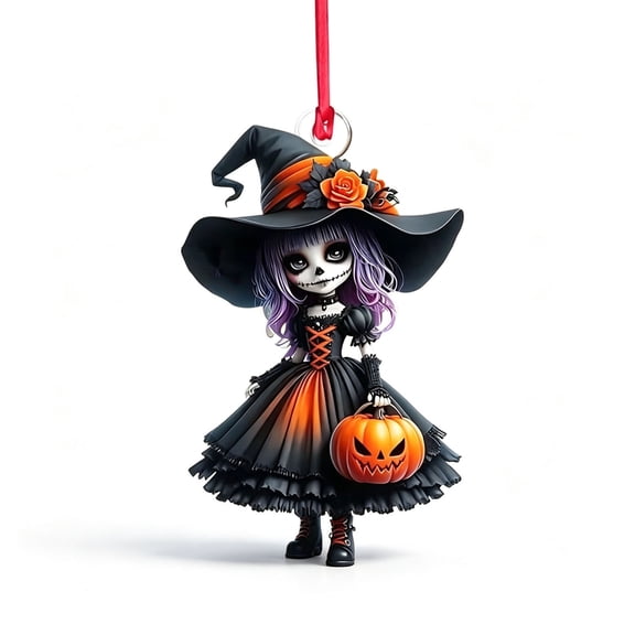 2D Acrylic Halloween Witch Doll Hanging Ornament, Pumpkin‑Theme Decorative Pendant for Bag, Tree, Indoor Home Halloween Party Decoration