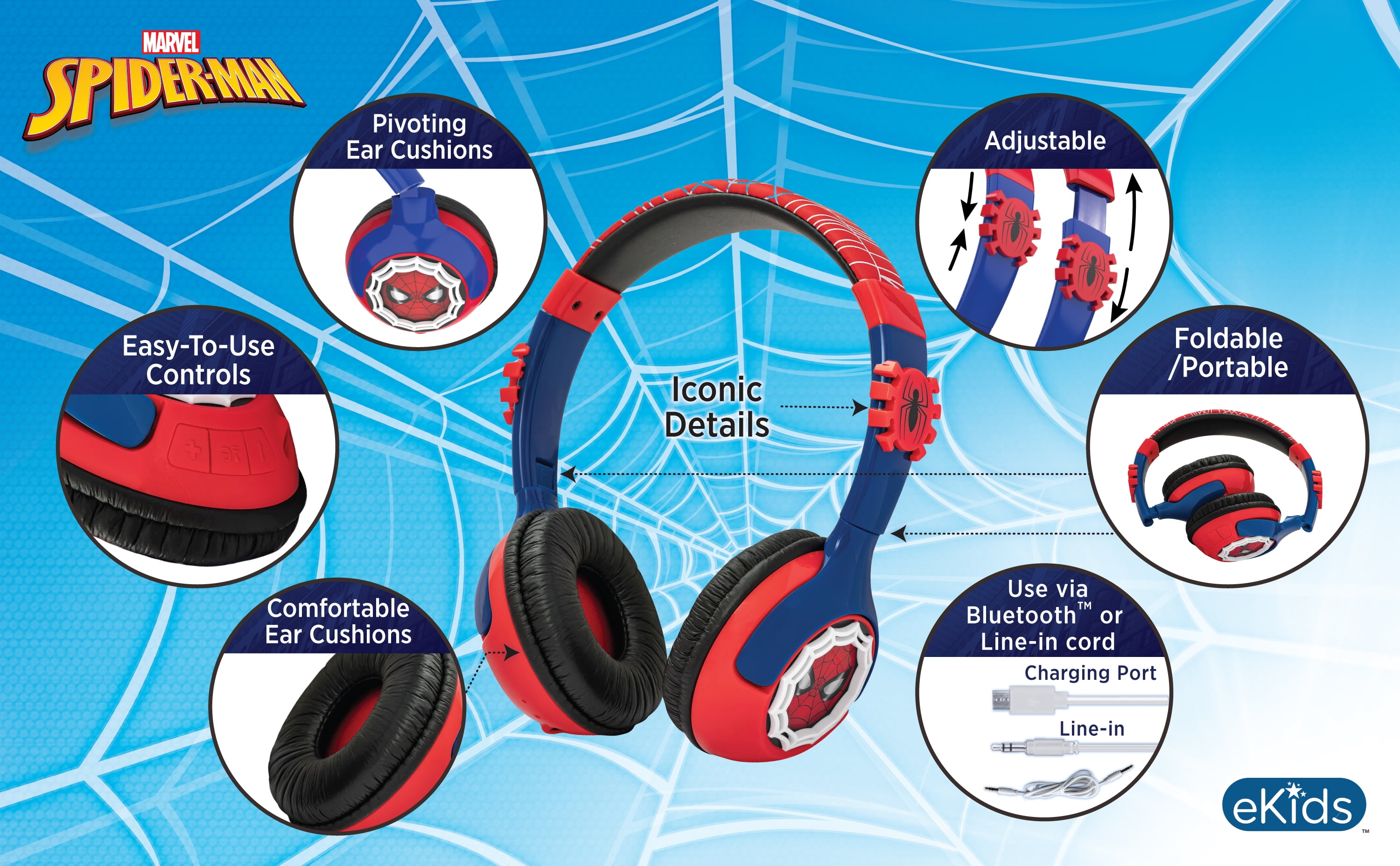 Ekids, Spider-Man, Bluetooth Over Ear Headphones with Cord, Red and Blue, Children Ages 6 and up