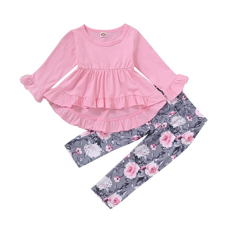 

Kucnuzki 12 Months Baby Girl Fall-Winter Outfits Pants Sets 18 Months Long Floral Sleeve Solid Color Ruffled Layer Tops Elastic Floral Pants 2PCS Set Pink