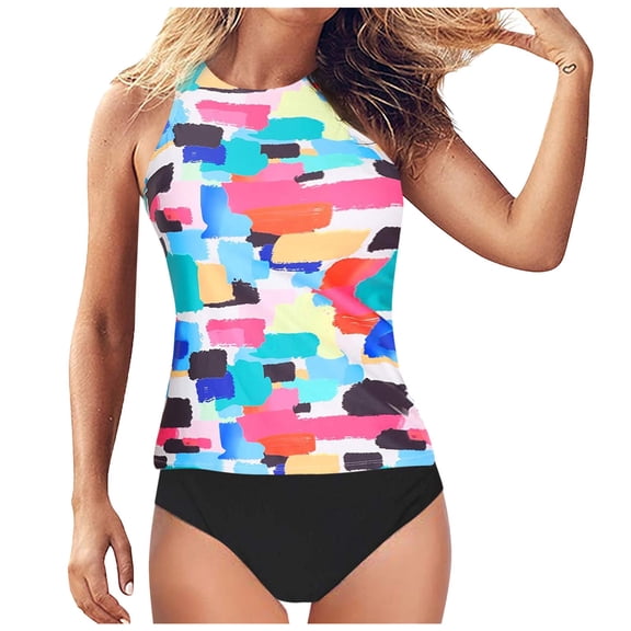 DHFJKG Women's Tankini Set High Waist Tummy Control Two Piece Swimsuit Sleeveless Crewneck Top Briefs Bottom Holiday Beachwear