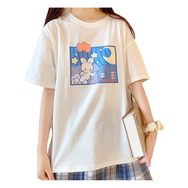 Women Style Kawaii Fashion Pastel Gothic Clothes Soft Crewneck Cartoon Bunny with Balloon Print T-Shirt TEE TOP