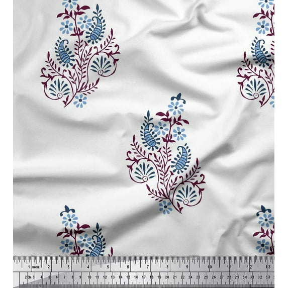 Soimoi Japan Crepe Satin Fabric Leaves,Floral & Paisley Block Printed Craft Fabric by The Yard 42 Inch Wide
