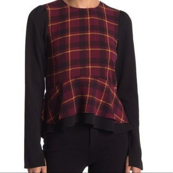 Romeo and Juliet Couture WINE COMBO Women's Plaid Ruffled Blouse US Small