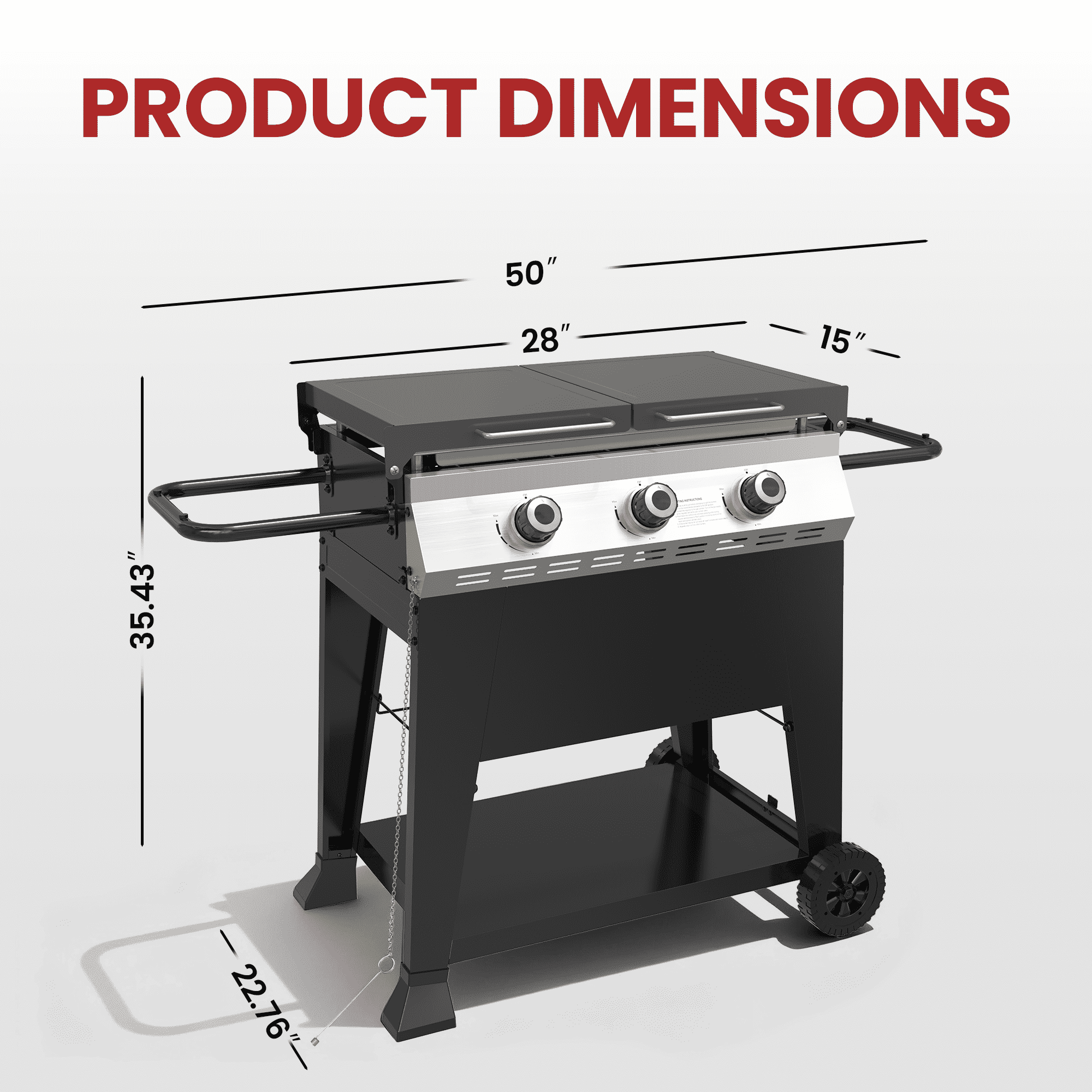 3-Burner Propane Flat Top Griddle Grill, 36,000 BTU Outdoor Gas Griddle with 420 Sq. In. Cooking Area, Folding Side Shelves & Rolling Wheels, Black
