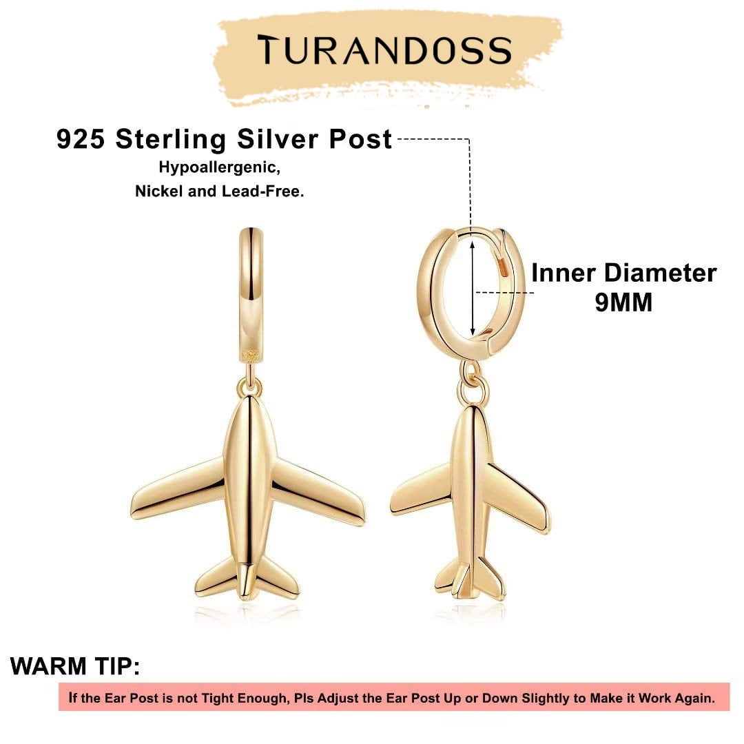 Turandoss Huggie Hoop Earrings for Women 14K Gold Plated Dainty Airplane Charm Dangling Non Tarnish Hypoallergenic Jewelry Gifts for Women Girls Trendy
