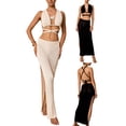 thumbnail image 4 of Biekopu Women Summer 2 Pieces Knit Skirts Outfits,Solid Color Cross Tie-Up Sleeveless Tank Tops High Slit Long Skirts, 4 of 4