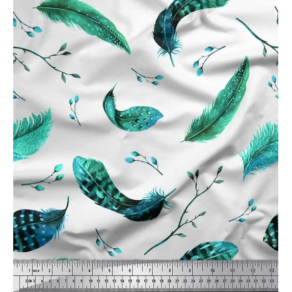 Soimoi Green Cotton Duck Fabric Leaves & Feather Printed Fabric 1 Yard 42 Inch Wide