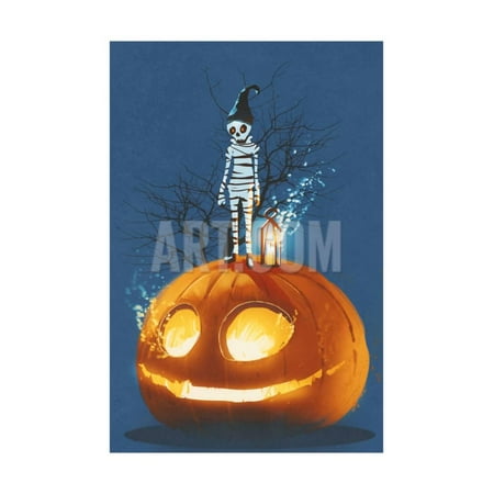 Giant Wall Paintings Mummy Standing on Giant Pumpkin,Jack O Lantern,Halloween Concept,Illustration Painting Print Wall Art By Tithi Luadthong ()
