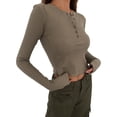thumbnail image 3 of Fortune Women Slim Crop Pullover Casual Solid Color Long Sleeve Henley Ribbed Tops, 3 of 9