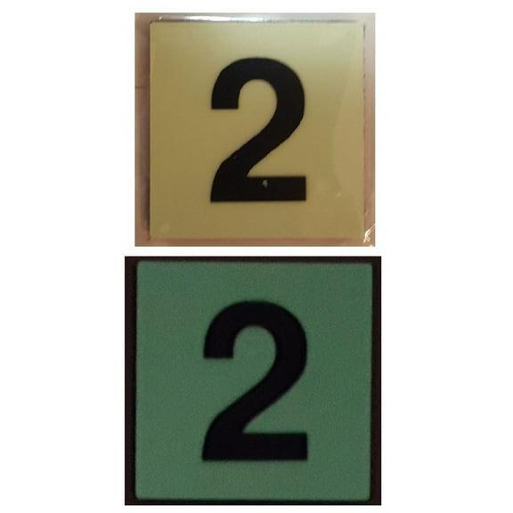 PHOTOLUMINESCENT DOOR IDENTIFICATION NUMBER 2 (TWO) SIGN HEAVY DUTY / GLOW IN THE DARK "DOOR NUMBER" SIGN HEAVY DUTY (ALUMINUM SIGN 1.5 X 1.5)
